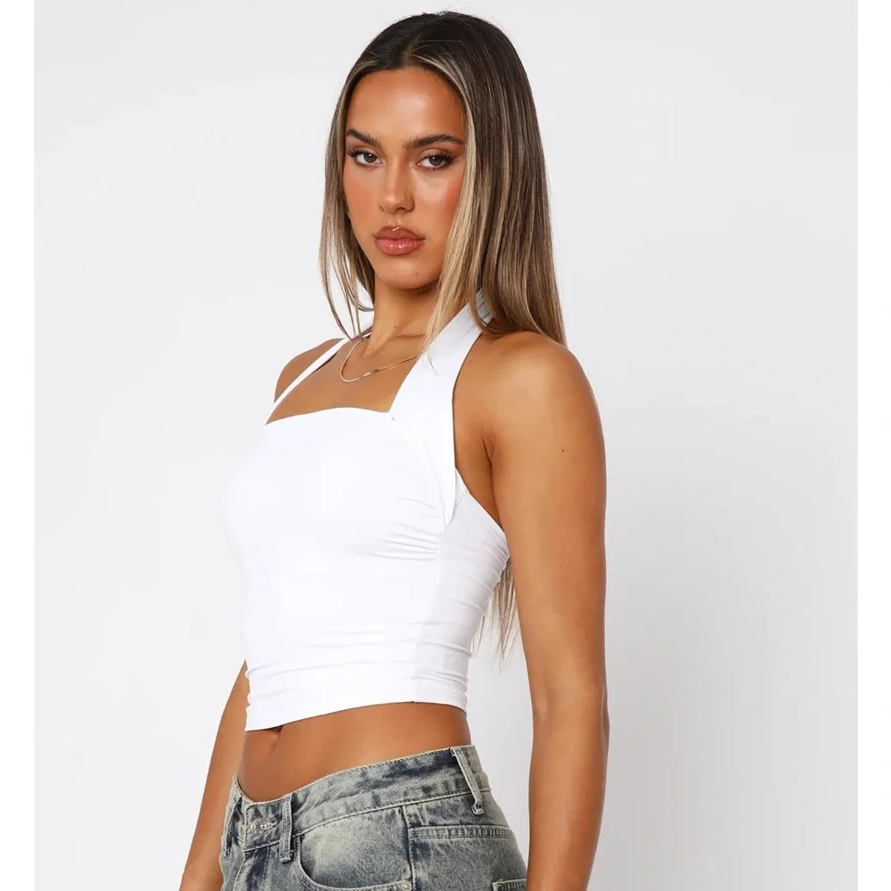 White Fox Boutique White Halter Square-Neck Crop Tank - Picture 4 of 4